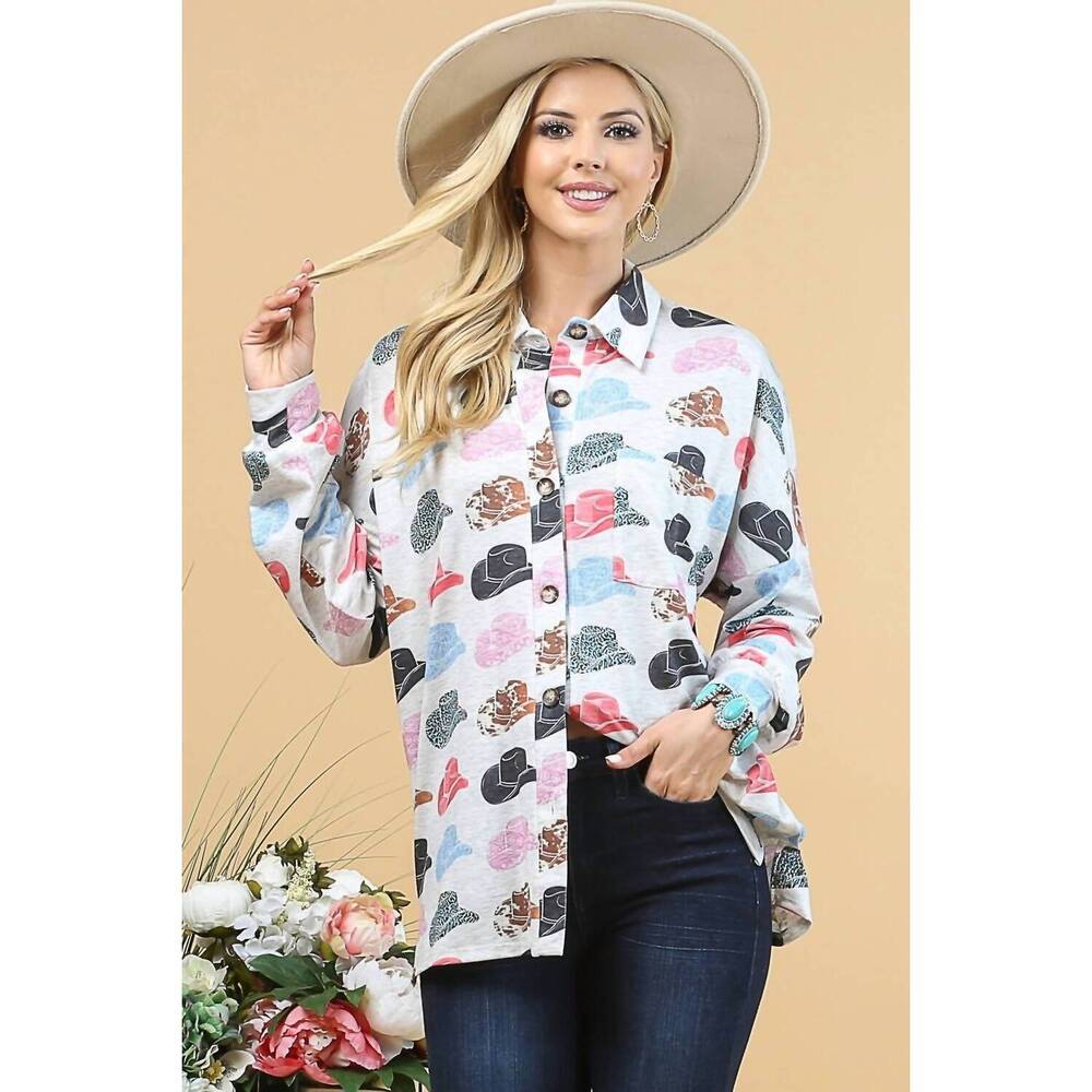 NEW AVERY APPAREL hat print button down long sleeve top